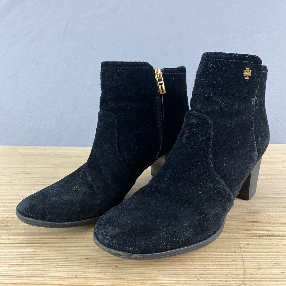 Tory Burch womens ankle zip bootie 7.5 M Black Suede leather Heel gold logo